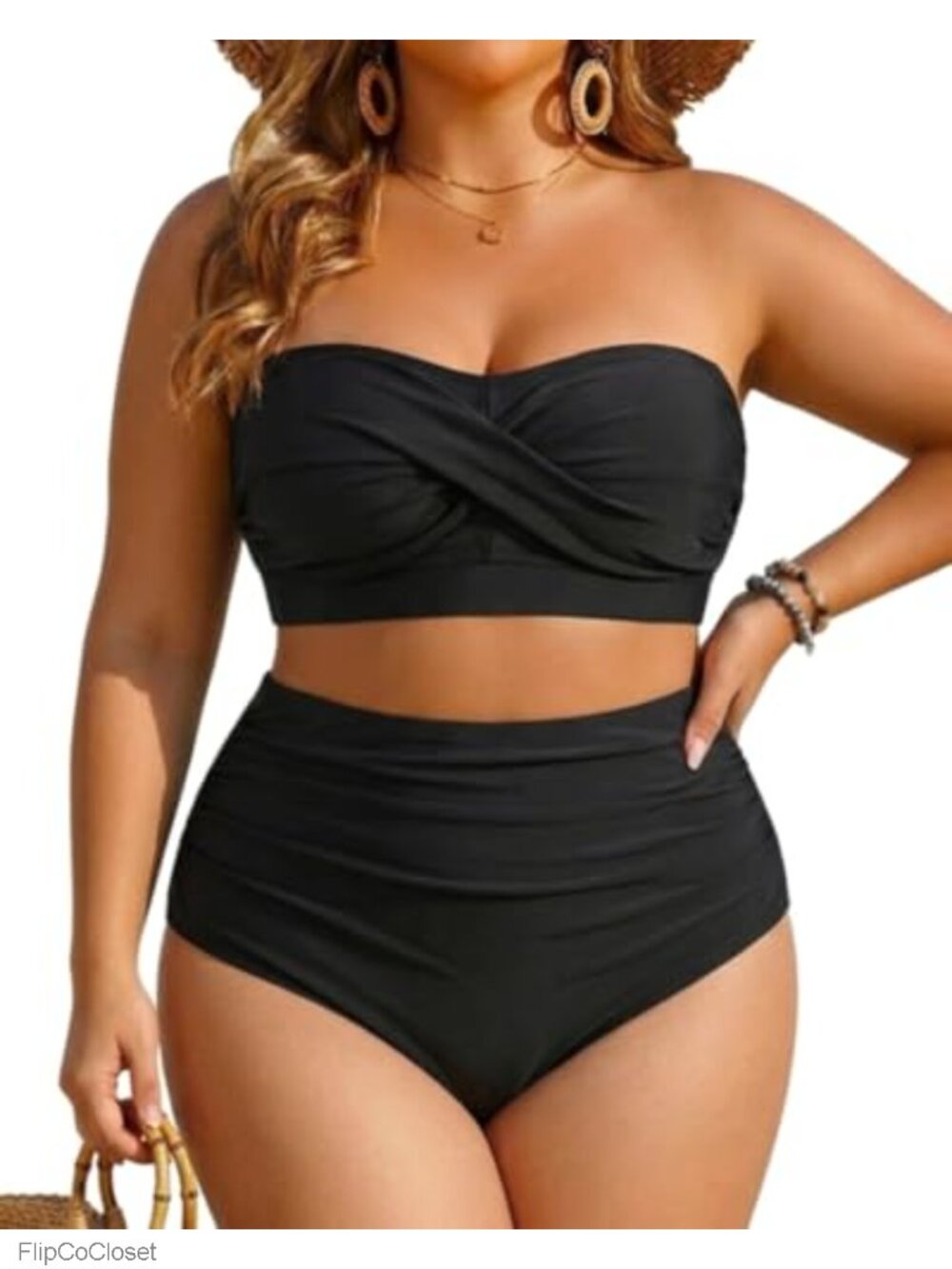Plus Size Bandeau High Waisted Tummy Control Bikini Set with Adjustable Straps